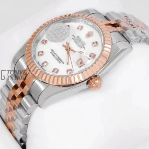"Rose Gold Two Tone White Dial & Stone Figure "