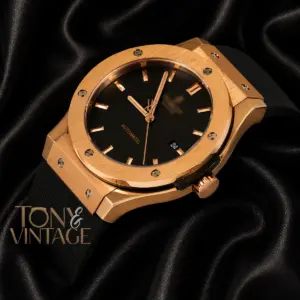 Rose Gold Watch With Black Dial & Rubber Strap