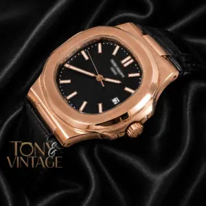 Rose Gold Watch with Black Dial and Leather Strap