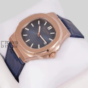 Rose Gold Watch with Blue Dial and Leather Strap