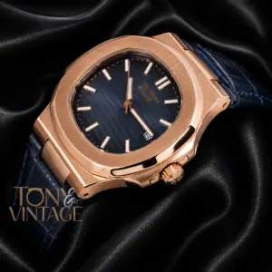 Rose Gold Watch with Blue Dial and Leather Strap