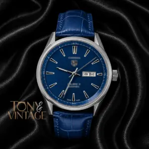 Silver Automatic Watch With Blue Dial and Leather Strap