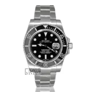 "Silver Automatic Watch with Black Dial and Bezel "