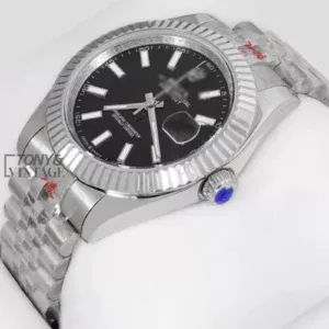 "Silver Automatic Watch with Black Dial and Fluted Bezel "