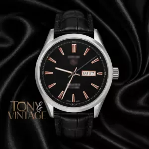 Silver Automatic Watch with Black Dial and Leather Strap