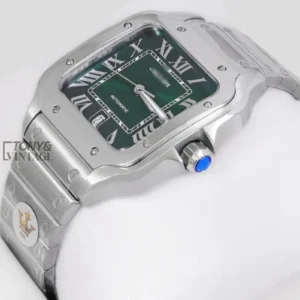Silver Automatic Watch with Green Dial and Roman Numerals