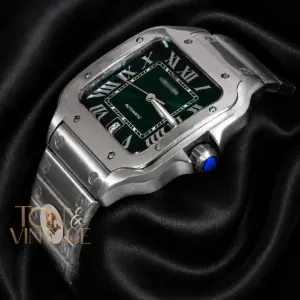 Silver Automatic Watch with Green Dial and Roman Numerals