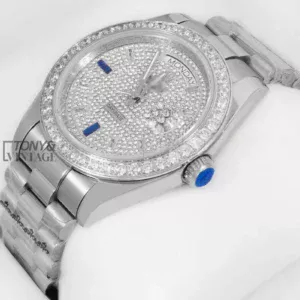 "Silver Automatic Watch with Stone Dial and Bezel "