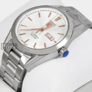 "Silver Automatic Watch with White Dial and Rose Gold Index ."