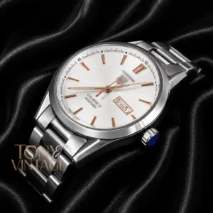 Silver Automatic Watch with White Dial and Rose Gold Index