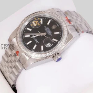 Silver Black Dial Stone Bezel & Index Automatic Watch