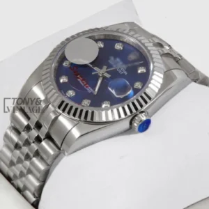 "Silver Blue Dial Fluted Bezel & Stone Index Automatic Watch "