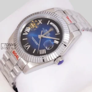 "Silver Blue Dial Roman Numeral & Fluted Bezel "