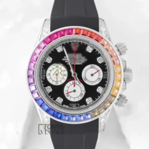 "Silver Case Watch with Black Dial and Rainbow Stone Bezel "