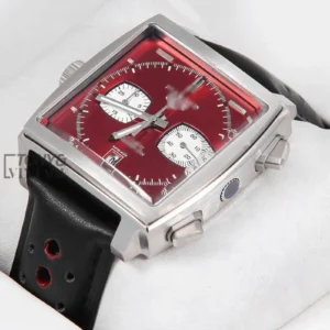 "Silver Case with Red Dial & Black Leather Strap Watch "
