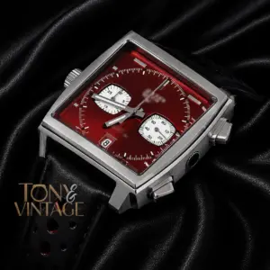Silver Case with Red Dial & Black Leather Strap Watch