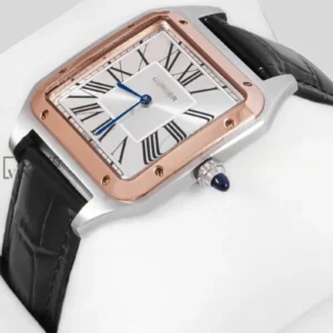 Silver Case with Rose Gold Bezel and Black Leather Strap