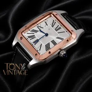 Silver Case with Rose Gold Bezel and Black Leather Strap