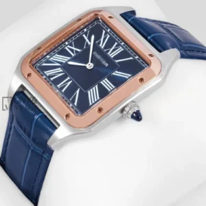 Silver Case with Rose Gold Bezel and Blue Leather Strap