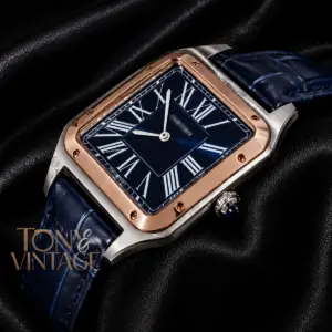 Silver Case with Rose Gold Bezel and Blue Leather Strap