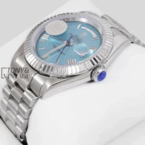 "Silver Chain Automatic Watch with Blue Dial and Fluted Bezel "