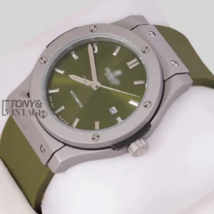 Silver Matte Watch With Green Dial and Rubber Strap
