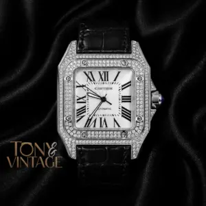 Silver Stone Case with White Dial and Black Leather Strap