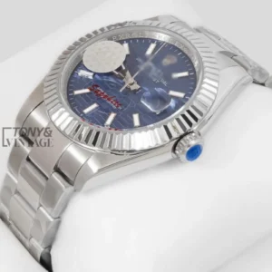 "Silver Textured Blue Dial Automatic Watch "