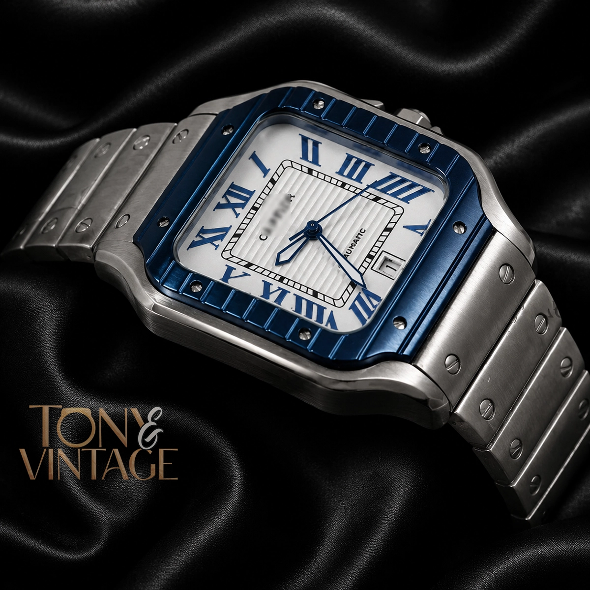 Silver Watch With Blue Bezel and White Dial Chain Strap - Image 2