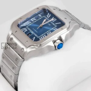 Silver Watch With Blue Dial and Roman Numerals