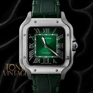 Silver Watch With Green Dial & Leather Strap