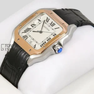 "Silver Watch With White Dial and Black Leather Strap "