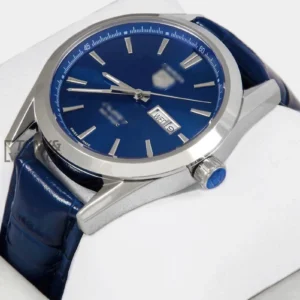 Silver Watch with Blue Dial and Leather Strap