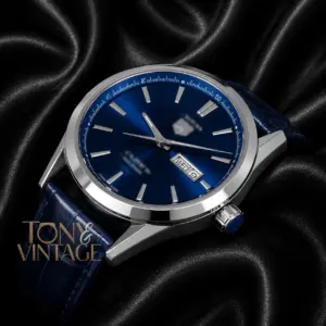Silver Watch with Blue Dial and Leather Strap