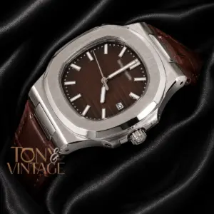 Silver Watch with Brown Dial and Leather Strap