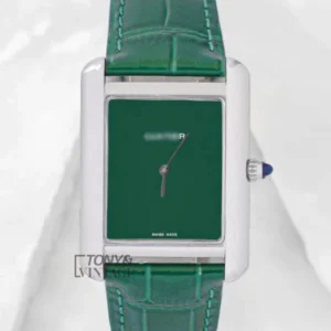 Silver Watch with Green Dial and Leather Strap