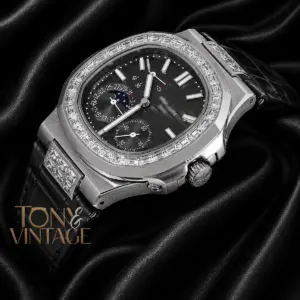 Silver Watch with Stone Bezel, Gray Dial, and Leather Strap