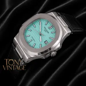 Silver Watch with Tiffany Blue Dial and Black Leather Strap