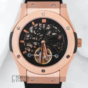 Tourbillon Automatic Rose Gold Watch With Black Skeleton Dial
