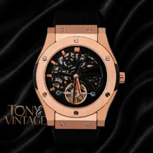 Tourbillon Automatic Rose Gold Watch With Black Skeleton Dial