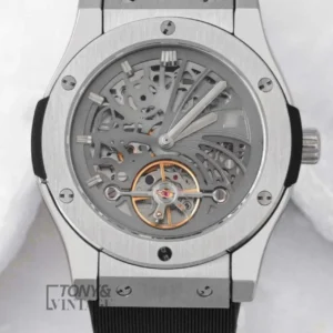 Tourbillon Automatic Watch in Silver With Gray Skeleton Dial