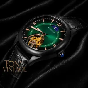 Tourbillon Black Matt Watch with Green Dial and Leather Strap