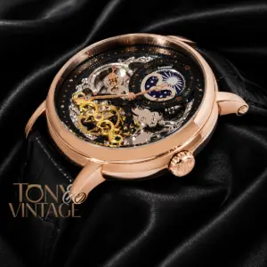 Tourbillon Moon Phase Rose Gold Case Skeleton Dial Leather Strap Men’s Watch