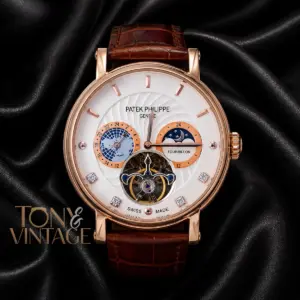Tourbillon Moon Phase Rose Gold Case White Dial Leather Strap