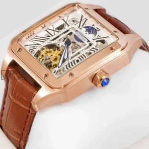 Tourbillon Moon Phase Rose Gold Case with White Skeleton Dial and Brown Leather Strap