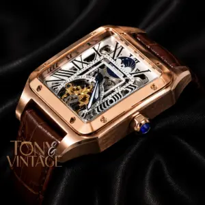 Tourbillon Moon Phase Rose Gold Case with White Skeleton Dial and Brown Leather Strap
