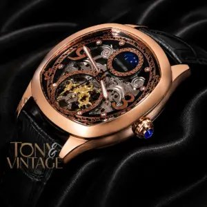 Tourbillon Moon Phase Rose Gold Watch With Black Skeleton Dial and Leather Strap