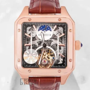 Tourbillon Moon Phase Rose Gold Watch with Skeleton Dial and Brown Leather Strap
