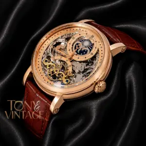 Tourbillon Moon Phase Rose Gold Watch with Skeleton Dial and Brown Leather Strap