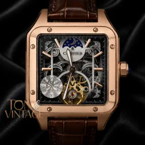 Tourbillon Moon Phase Rose Gold Watch with Skeleton Dial and Brown Leather Strap